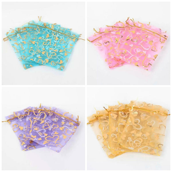 10 Organza Gift Bags With Gold Hearts - Jewelry Pouch - Small Wedding Favor Bags - 7X9cm