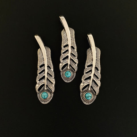 2 Feather Charms with Turquoise Stone - Antique Silver
