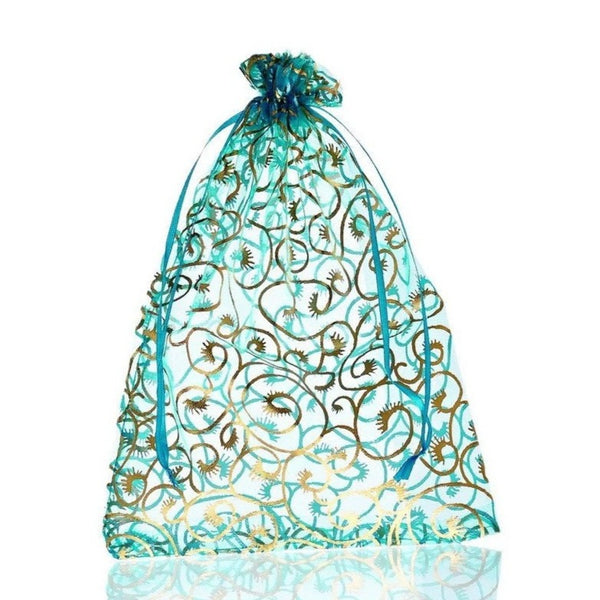 5 Large Organza Gift Bags - Teal With Gold Swirls - Jewelry Pouch - 23cm x 17cm