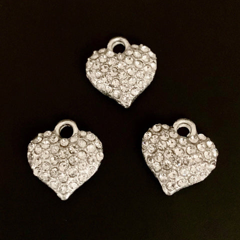 5 Rhinestone Puffy Heart Charms - Silver Finish