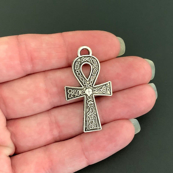 4 Ankh Cross Pendants - Double Sided - Antique Silver Tone