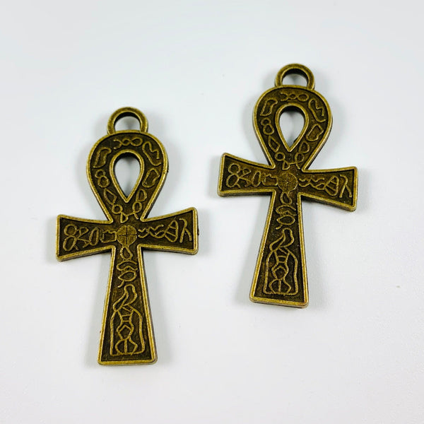 4 Ankh Cross Pendants - Double Sided - Antique Bronze