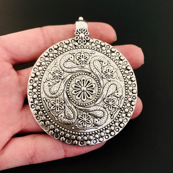 XL Boho Round Pendant with Floral Design - Antique Silver