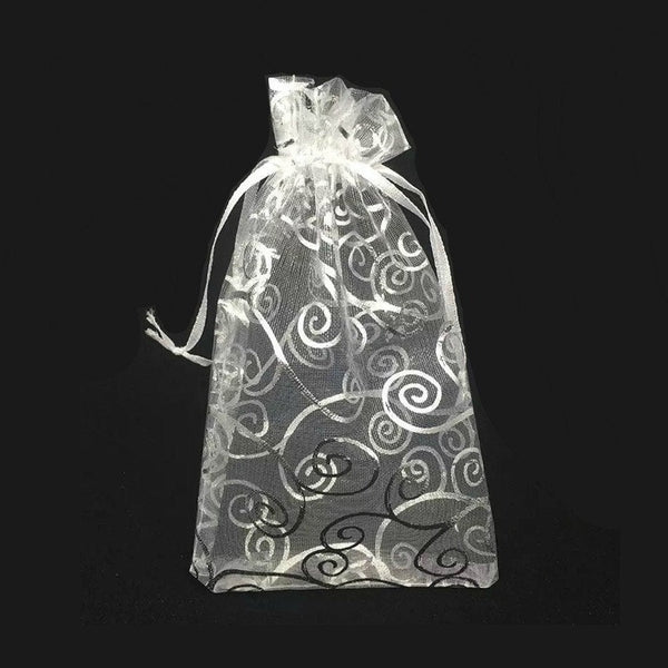 5 Large Organza Gift Bags - White With Silver Swirls - Organza Jewelry Pouch - Wedding Favor Bags - Large Gift Bags - 4"x6"