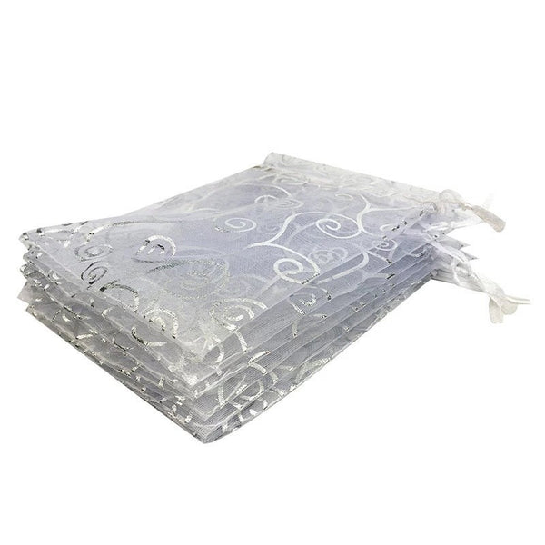 5 Large Organza Gift Bags - White With Silver Swirls - Organza Jewelry Pouch - Wedding Favor Bags - Large Gift Bags - 4"x6"