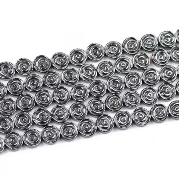 8 Hematite Rose Flower Spacer Beads - 8mm Carved Rose Beads - Available in Silver, Gold, Rose Gold, Black