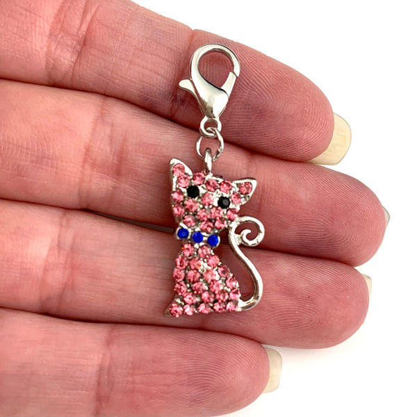 Pink Rhinestone Cat Charm with Lobster Clasp