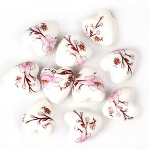 5 Ceramic Floral Heart Beads - 13mm Cherry Blossom Beads