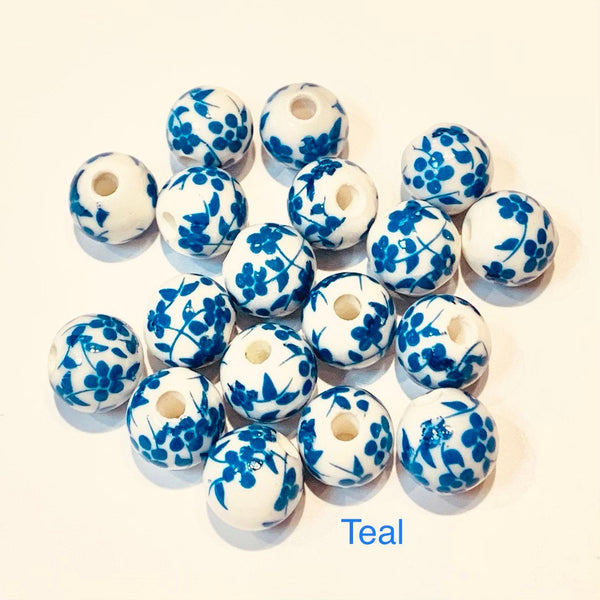 10 Ceramic Beads - 10mm Round Floral Ceramic Beads - 9 Colors Available
