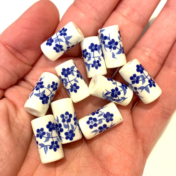 5 Ceramic Cylinder Beads - 17mm Floral Beads