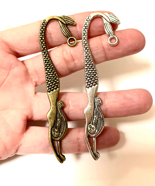 2 Mermaid Bookmark Blanks - Antique Silver and Bronze - Double Sided with Loop Hole