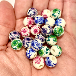 5 Floral Ceramic Beads - 10mm - Available in Blue, Green, Purple, or Pink Flowers