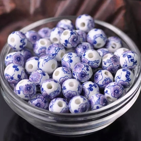 5 Floral Ceramic Beads - 10mm - Available in Blue, Green, Purple, or Pink Flowers