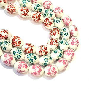 4 Oval Ceramic Floral Beads - 15x11mm