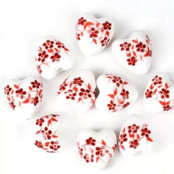 5 Ceramic Heart Beads - 13mm Floral Ceramic Beads