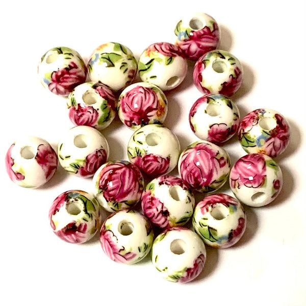 Ceramic Beads - 10mm Floral Ceramic Beads - Beautiful Pink Flower Beads
