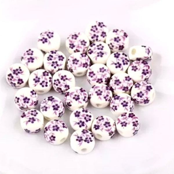 10 Ceramic Beads - 8mm Round/Flat Floral Ceramic Beads