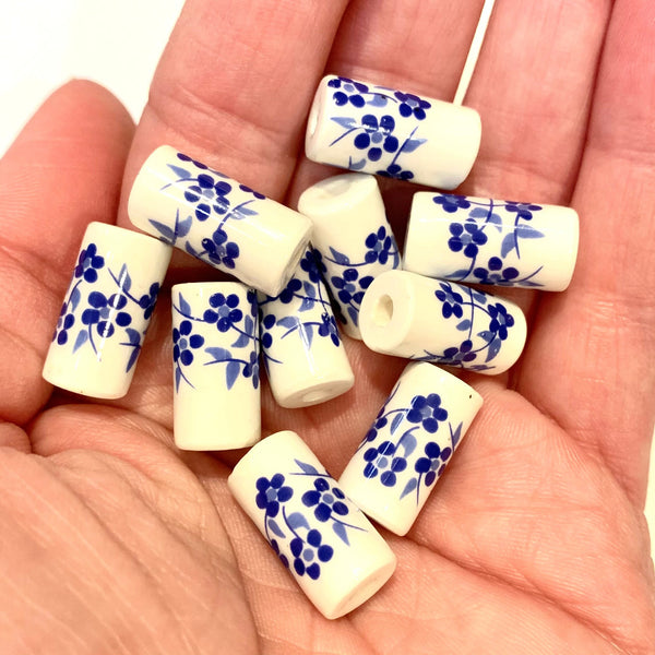 5 Ceramic Cylinder Beads - 17mm Floral Beads