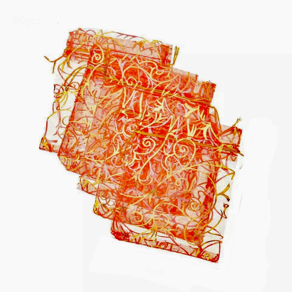 Organza Gift Bags - Red With Gold Swirls - Jewelry Pouch - Party/Wedding Favor Bags - 9x12cm