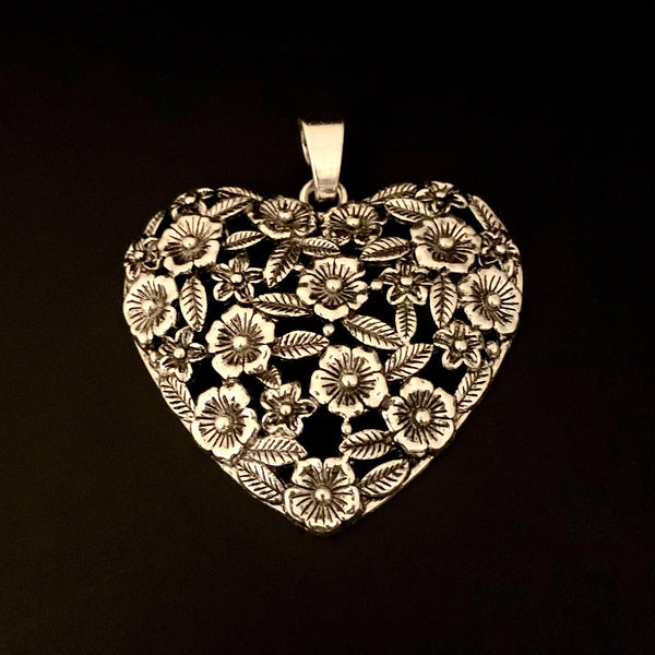 3D Heart Pendant with Flowers - Tibetan Style Carved Flower Heart - Antique Silver