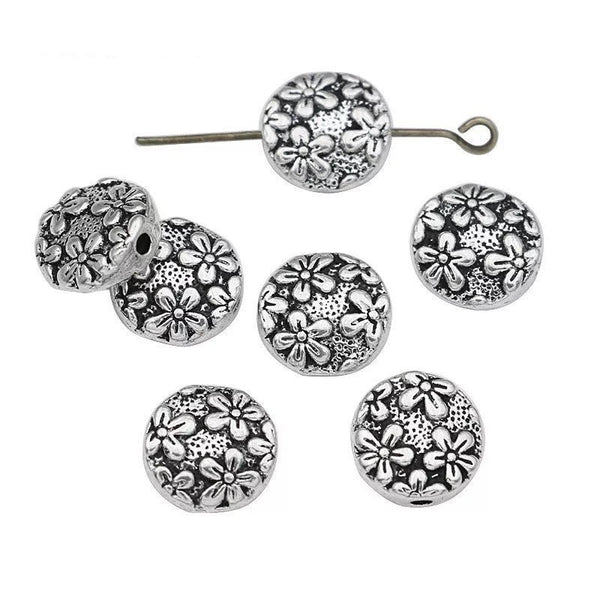 5 Spacer Beads - 11mm Flat Round Beads - Antique Silver