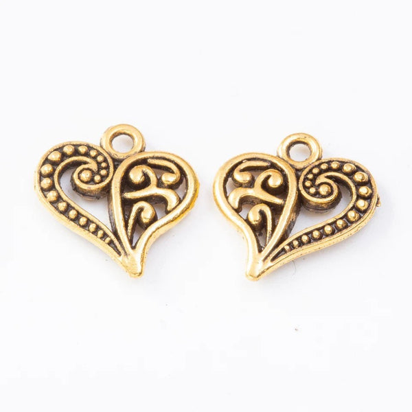 10 Decorative Heart Charms - Gold or Antique Gold Finish - Scroll Design