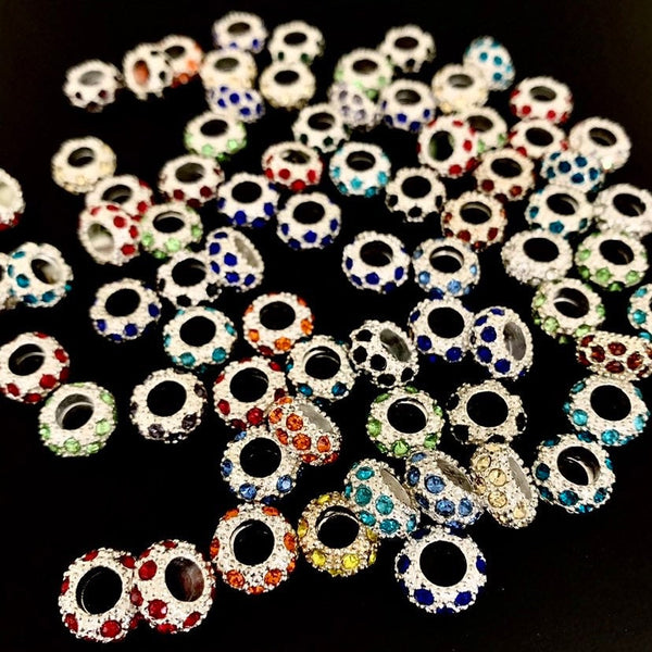 10 Rhinestone Beads - Random Mix - Silver Beads with Colorful Rhinestones - Fits Pandora Bracelets