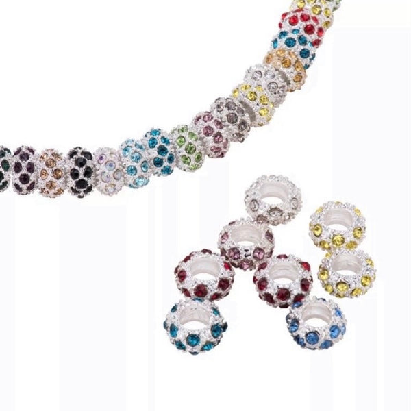 10 Rhinestone Beads - Random Mix - Silver Beads with Colorful Rhinestones - Fits Pandora Bracelets