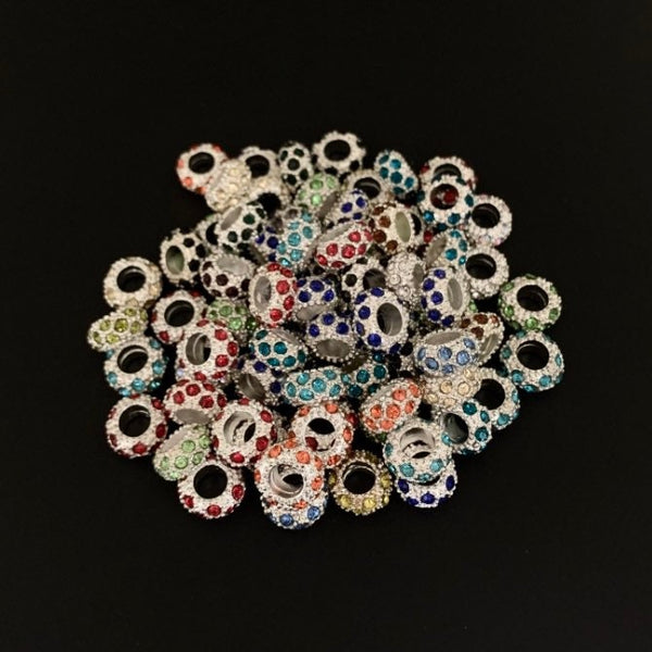 10 Rhinestone Beads - Random Mix - Silver Beads with Colorful Rhinestones - Fits Pandora Bracelets