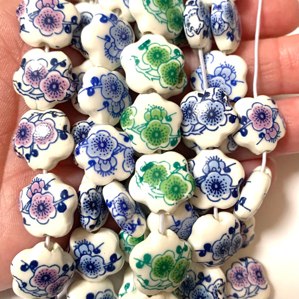 5 Ceramic Flower Shaped Beads - 15mm Beads
