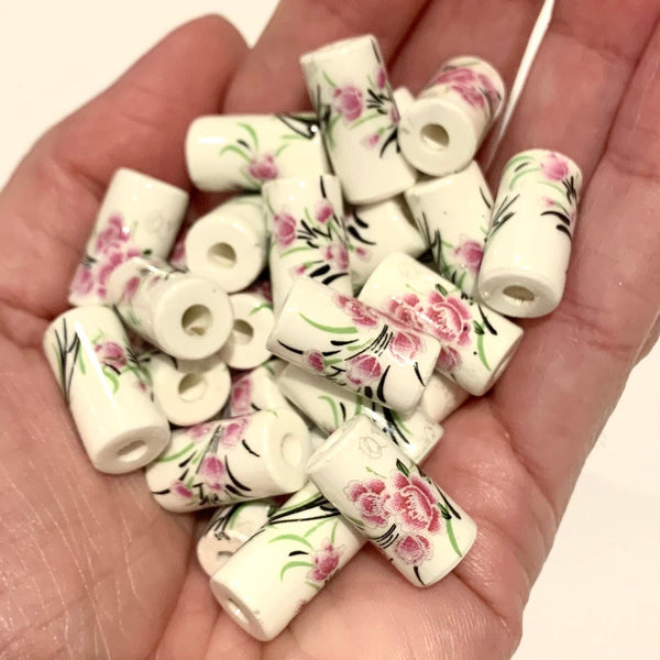 5 Floral Ceramic Cylinder Beads - 17mm beads