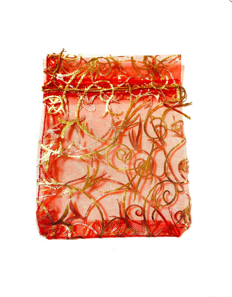 Organza Gift Bags - Red With Gold Swirls - Jewelry Pouch - Party/Wedding Favor Bags - 9x12cm
