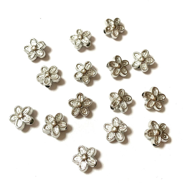 10 Flower Spacer Beads - Silver Finish - 9mm Beads