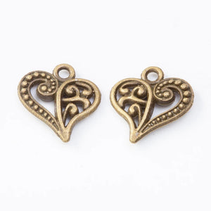 10 Decorative Heart Charms - Bronze Finish