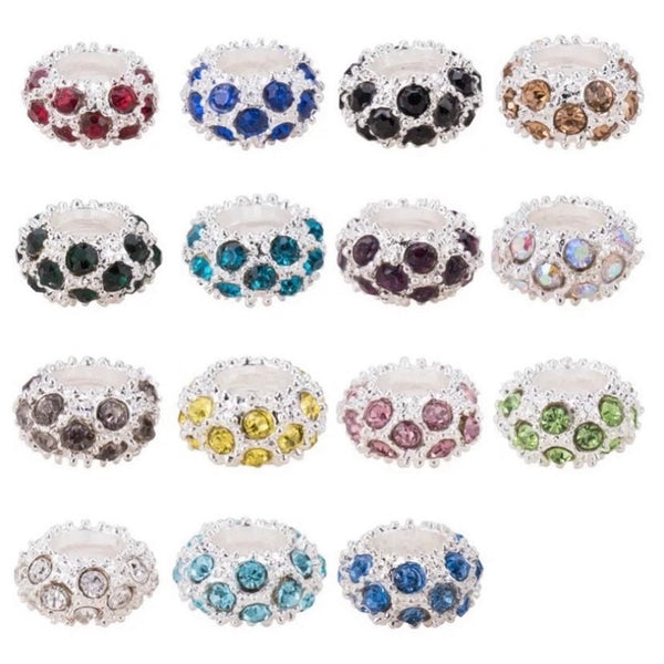 10 Rhinestone Beads - Random Mix - Silver Beads with Colorful Rhinestones - Fits Pandora Bracelets