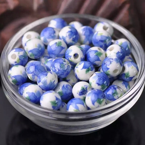 10 Ceramic Beads - 10mm Blue Floral Beads