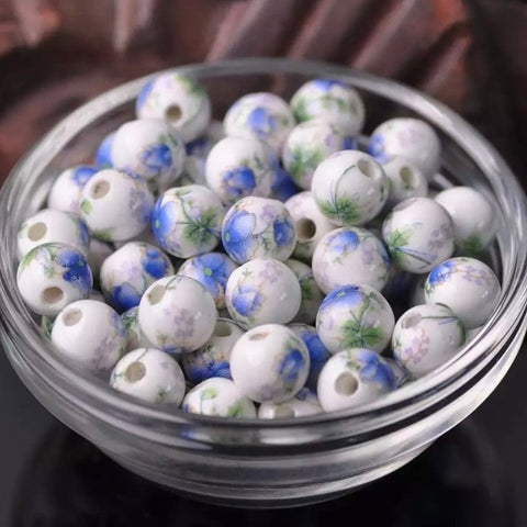 10 Ceramic Beads - 10mm Blue/White/Green Floral Beads