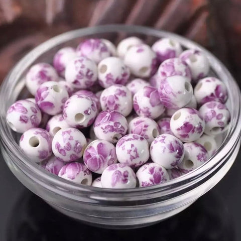 10 Ceramic Beads - 10mm Purple Floral Beads