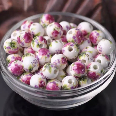 10mm Floral Ceramic Beads - Dark Pink Floral Beads