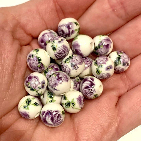 10mm Ceramic Beads - Purple Flower Beads