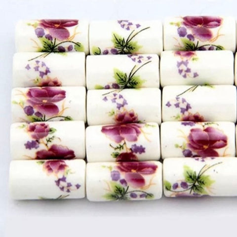 10 Ceramic Floral Cylinder Beads - 17mm Beads