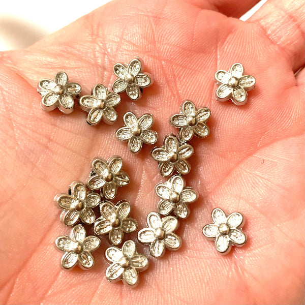10 Flower Spacer Beads - Silver Finish - 9mm Beads