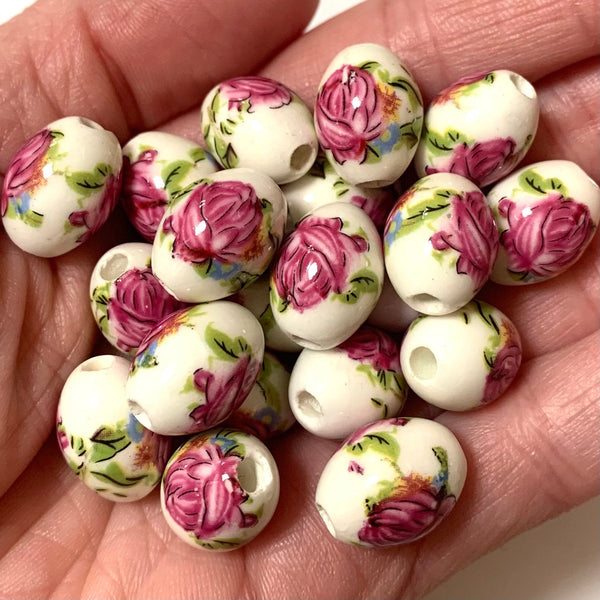 4 Oval Floral Ceramic Beads - 15mmx11mm