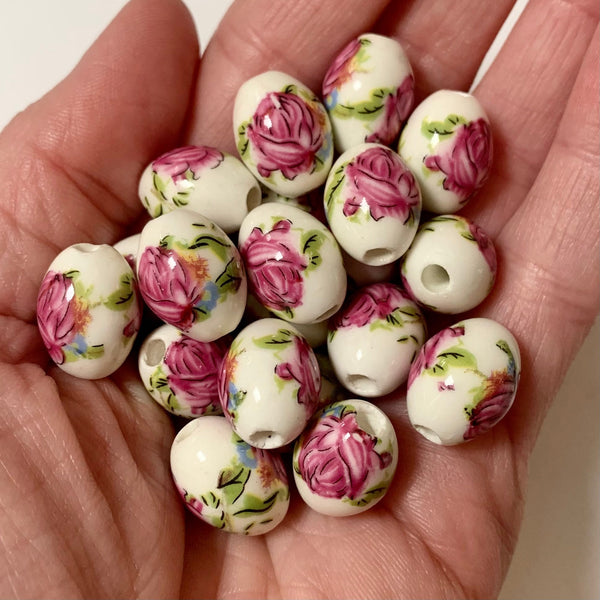 4 Oval Floral Ceramic Beads - 15mmx11mm