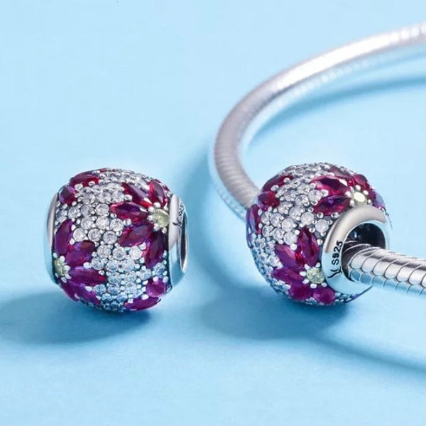 925 Sterling Silver - Pave Flower Charm - Fits Pandora Charm Bracelets - Beautiful Scarlett Red Flower Design