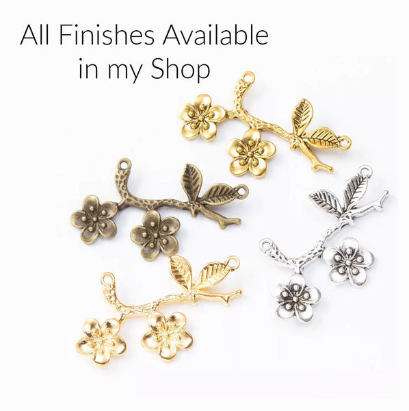 2 Flower Connector Charms - Bronze Finish - Flowers on a Branch Connector Charm