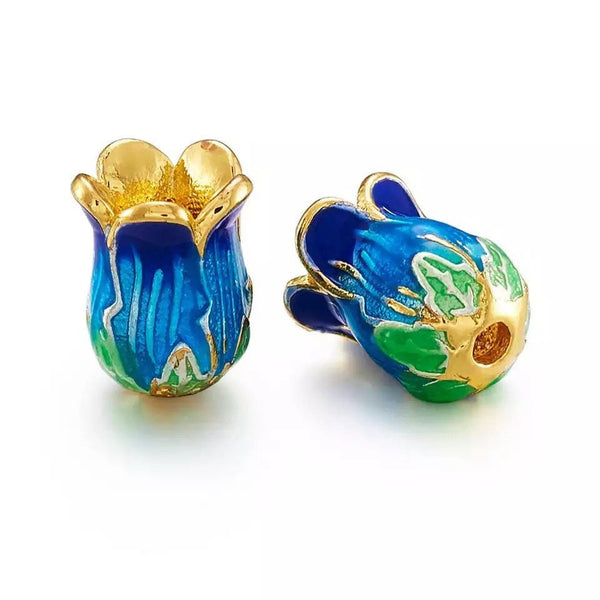 2 Cloisonne Bead Caps - Handmade - Beautiful Gold with Blue and Green Enamel - 14mm Flower Bead Caps