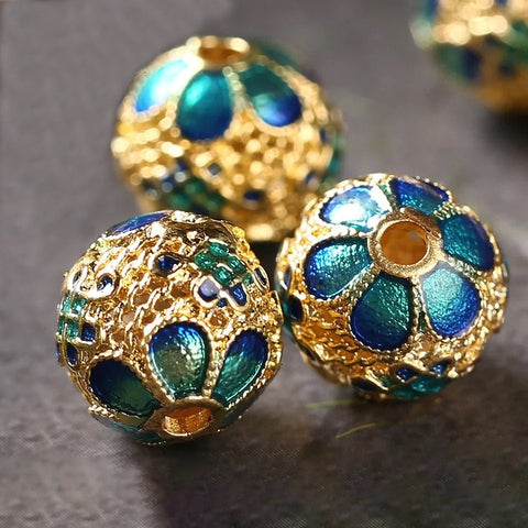 4 Round Spacer Beads - Beautiful Gold and Green/Blue Flower Design - 10mm Beads - Dripping oil Beads