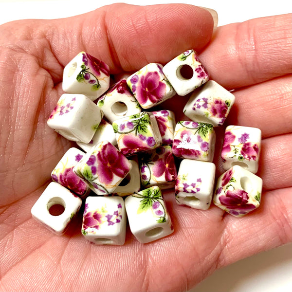 5 Ceramic Square Beads - 10mm Pink Floral Beads