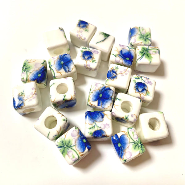 5 Ceramic Square Beads - 9/10mm - Blue Floral Ceramic Beads
